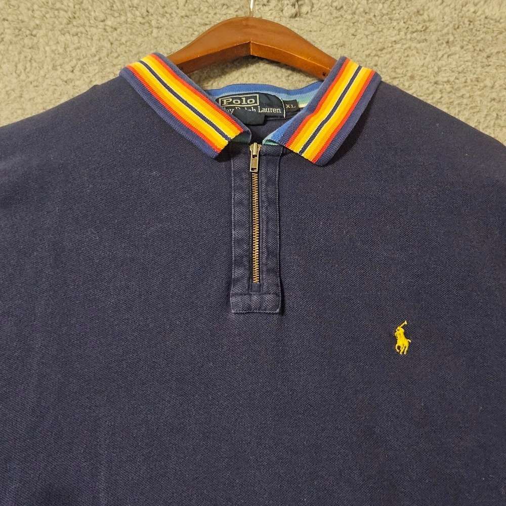 Polo Ralph Lauren Mens XL Navy Blue Rainbow Stripe Collar Quarter Zip Polo Shirt